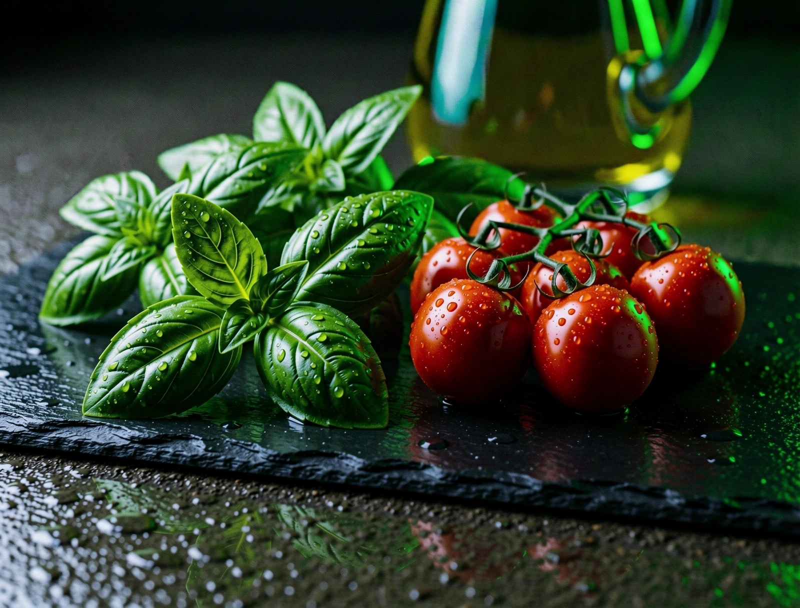 Vibrant Mediterranean ingredients on a dark stone surface